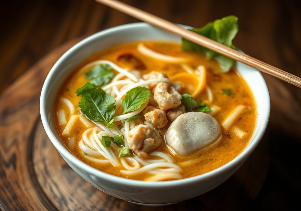Thaise pikante soep met rijstnoedels en visballetjes — AI-gegenereerde illustratie