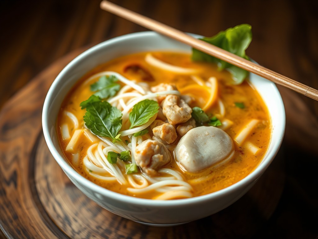 Thaise pikante soep met rijstnoedels en visballetjes, AI-gegenereerde illustratie