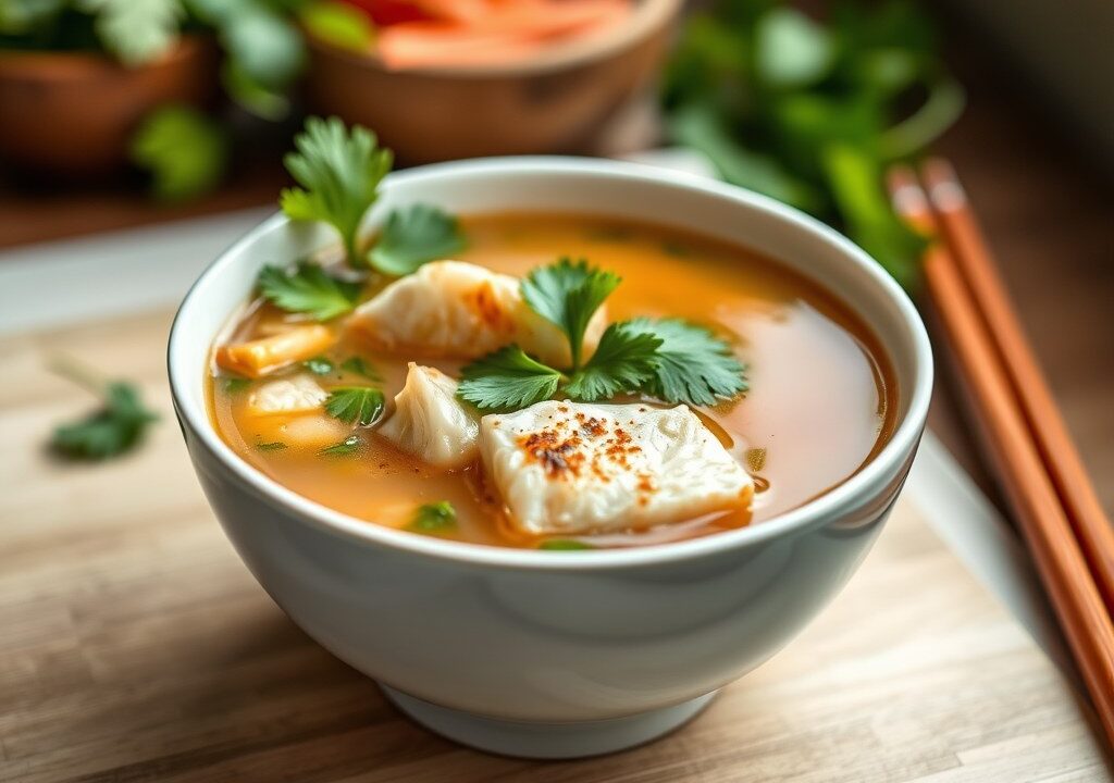 Thaise pikante soep met vis (Tom Yam Pla), AI-gegenereerde illustratie