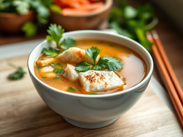 Thaise pikante soep met vis (Tom Yam Pla) — AI-gegenereerde illustratie