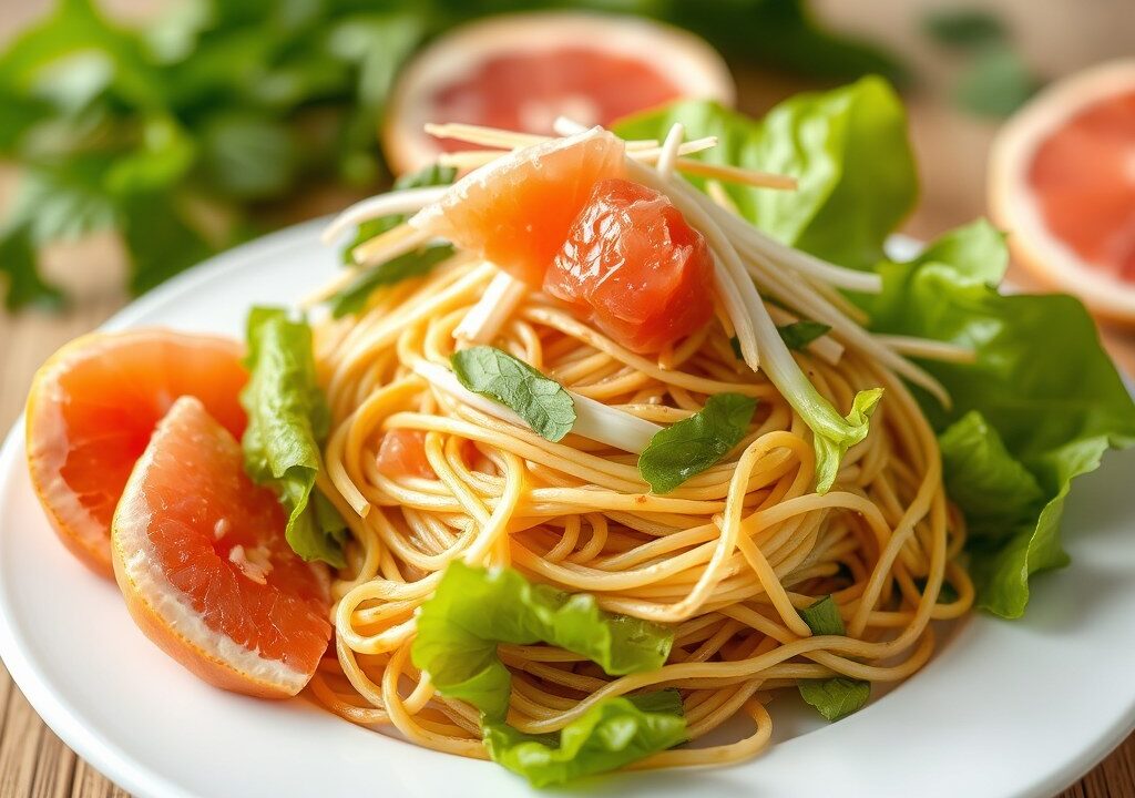Thaise salade met gefrituurde rijstvermicelli nest, AI-gegenereerde illustratie