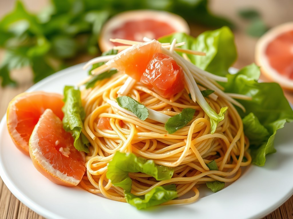 Thaise salade met gefrituurde rijstvermicelli nest, AI-gegenereerde illustratie