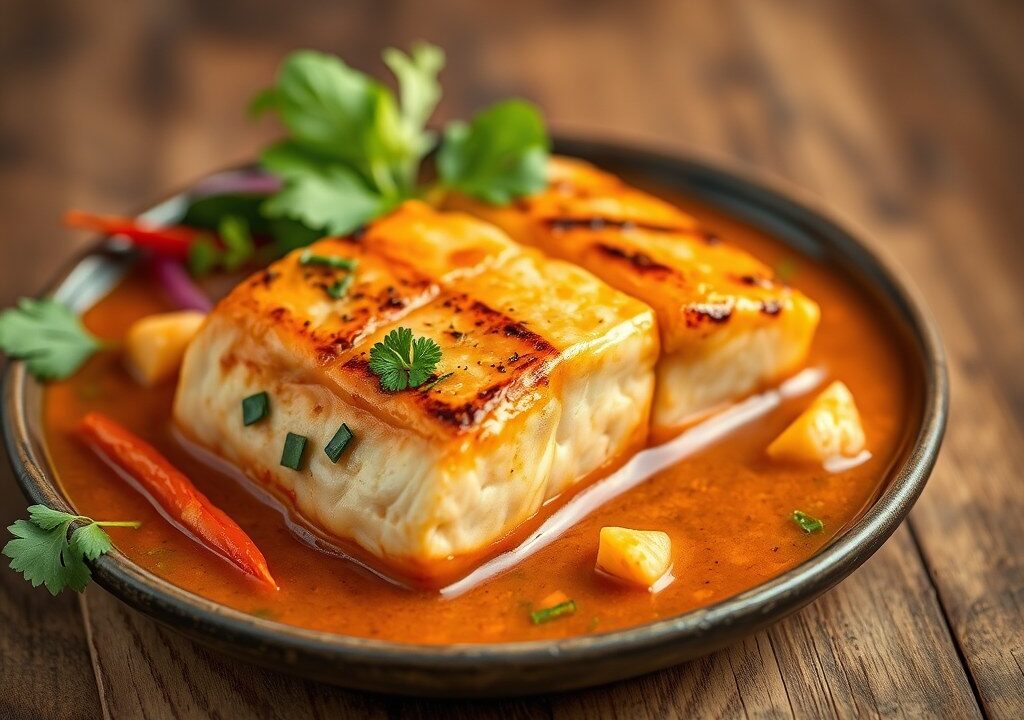 Thaise zalm curry van de BBQ, AI-gegenereerde illustratie