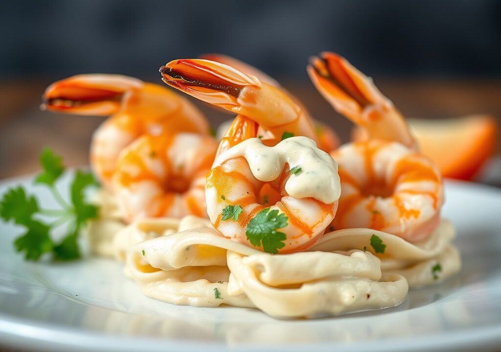 Tijger Garnalen met Knoflook-Koriander-Gember-Mayo — AI-gegenereerde illustratie