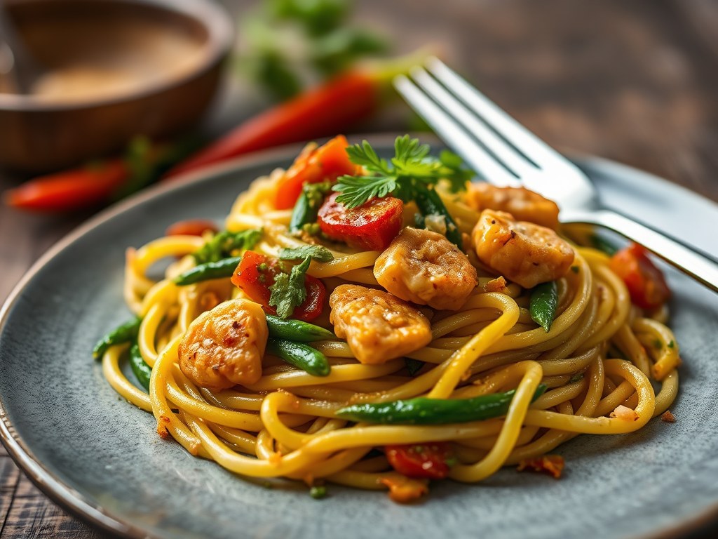 Tijgergarnalen en groenten uit de wok, AI-gegenereerde illustratie