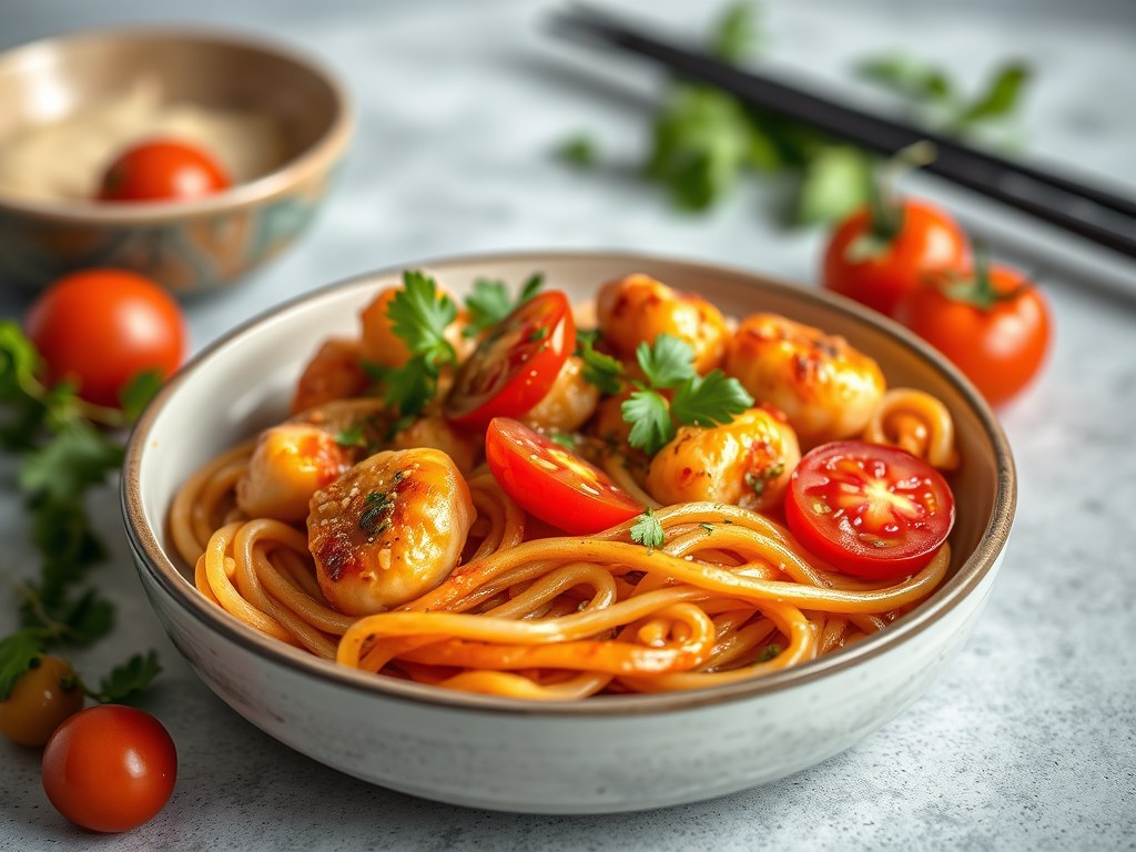 Tijgergarnalen met tomatencreme en zeekraal, AI-gegenereerde illustratie