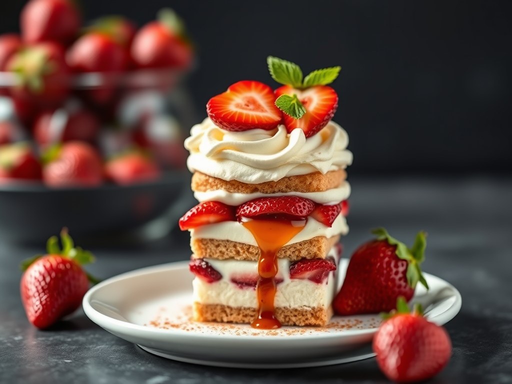 Tiramisu met aardbeien, AI-gegenereerde illustratie