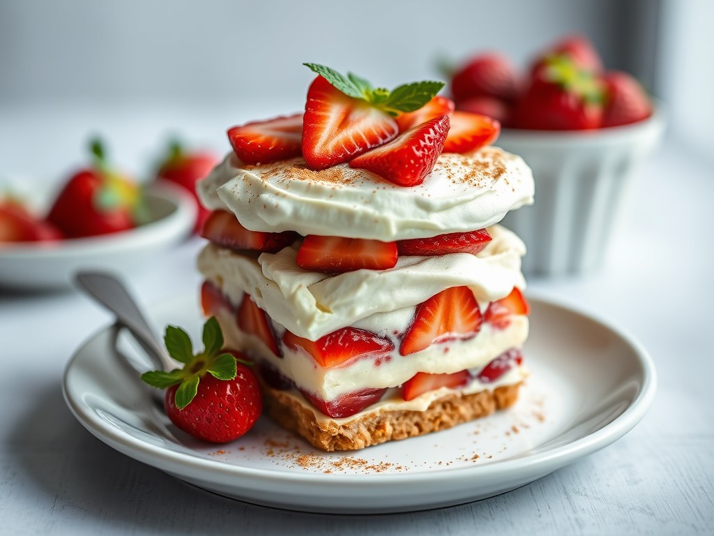 Tiramisu met aardbeien, AI-gegenereerde illustratie