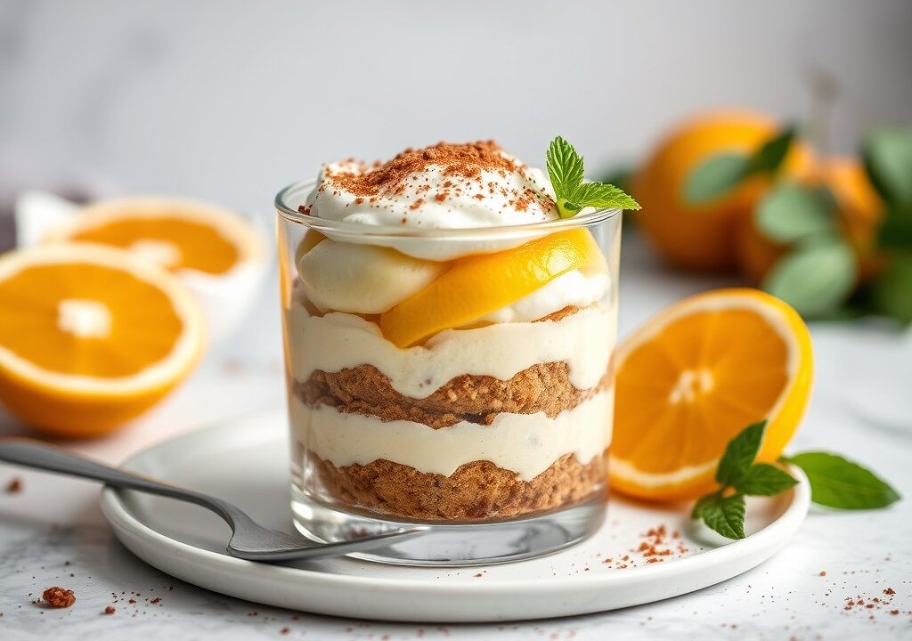 Tiramisu met citroen en sinaasappel, AI-gegenereerde illustratie