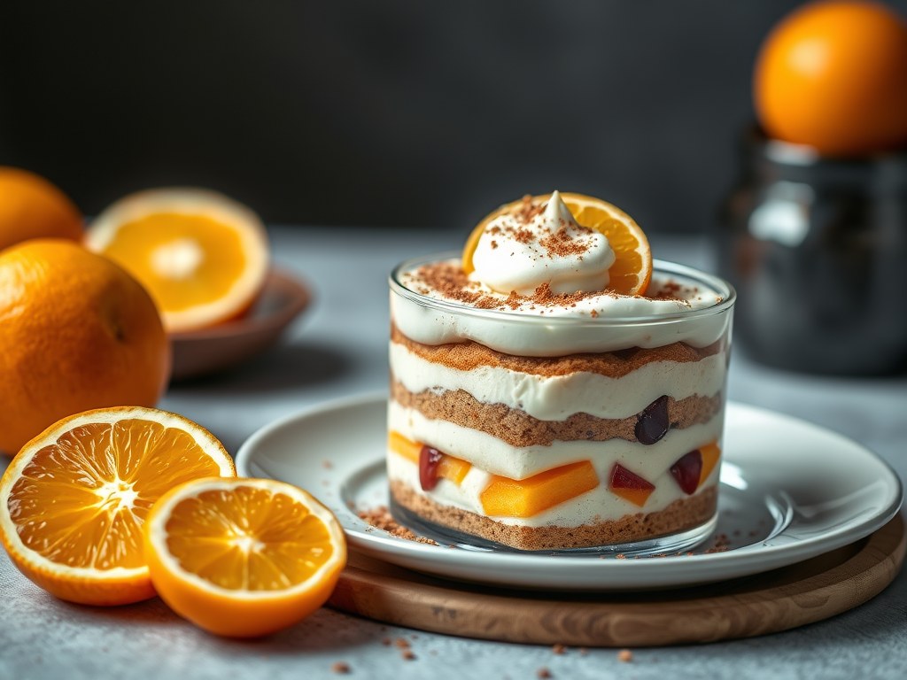 Tiramisu met clementines en zoete specerijen, AI-gegenereerde illustratie