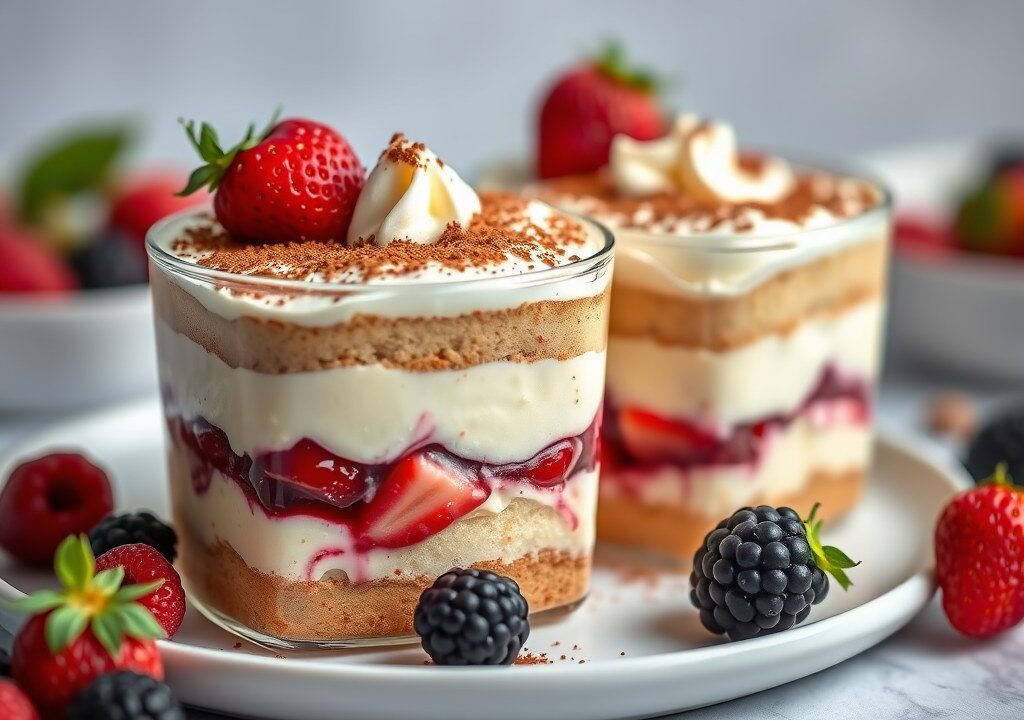 Tiramisu met rood fruit — AI-gegenereerde illustratie