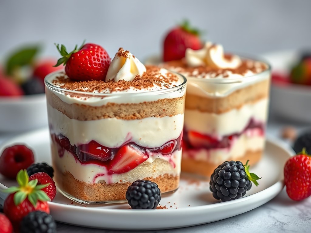Tiramisu met rood fruit, AI-gegenereerde illustratie