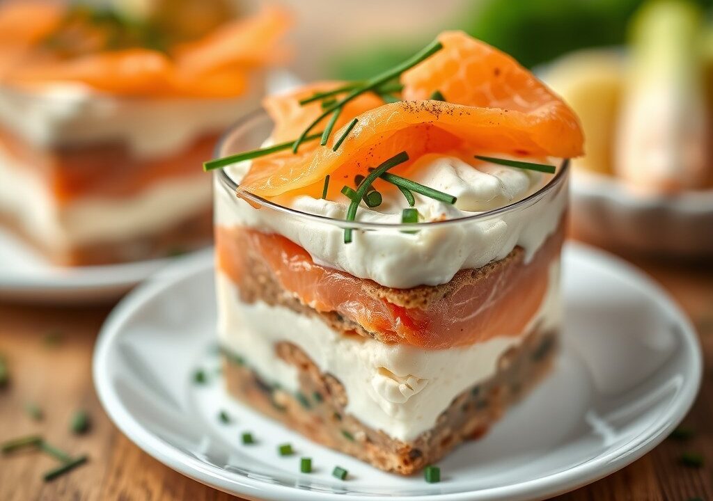 Tiramisu met twee soorten zalm en bieslook, AI-gegenereerde illustratie