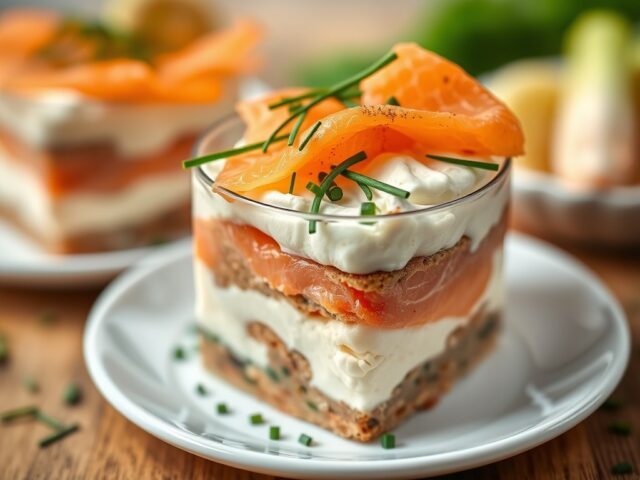 Tiramisu met twee soorten zalm en bieslook — AI-gegenereerde illustratie