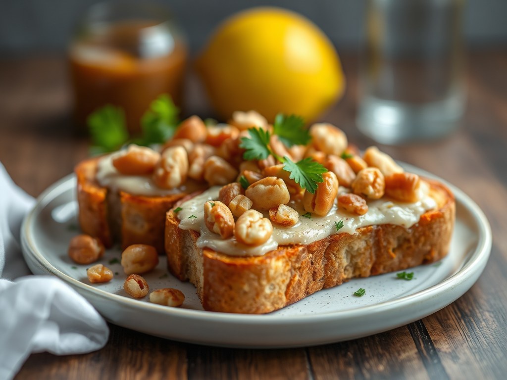 Toast met Conférence peer, Hervekaas en gekarameliseerde noten, AI-gegenereerde illustratie