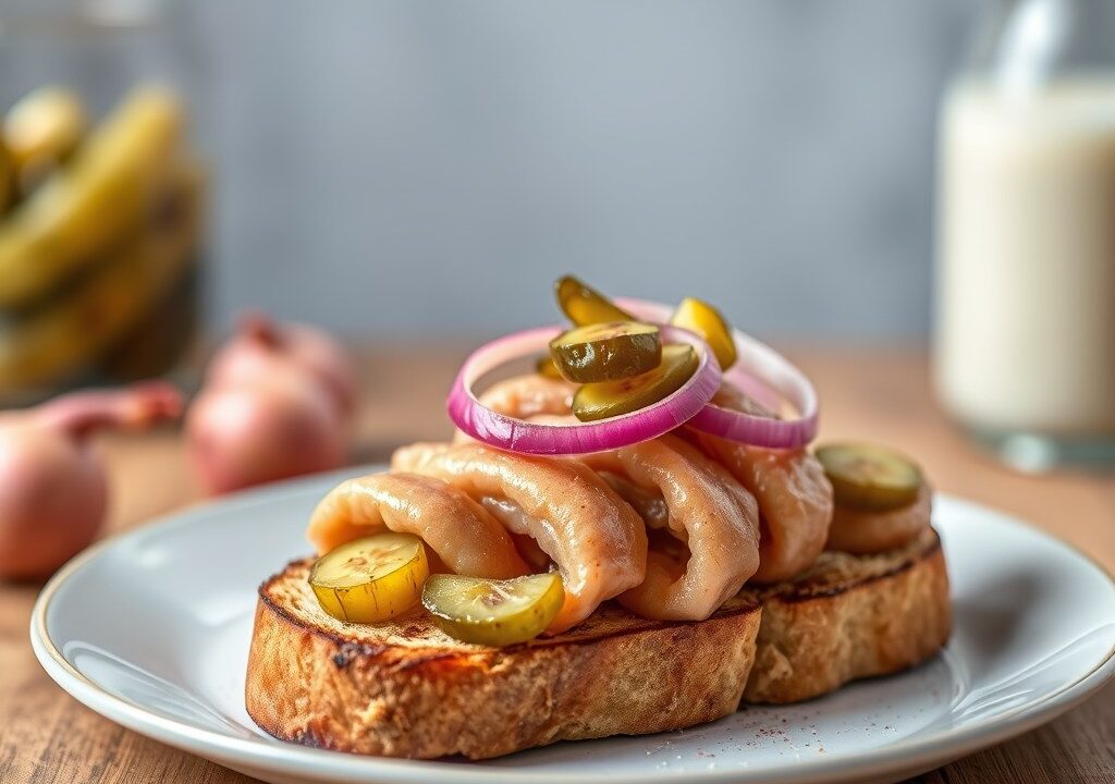 Toast met kalfsescalope en pickles, AI-gegenereerde illustratie