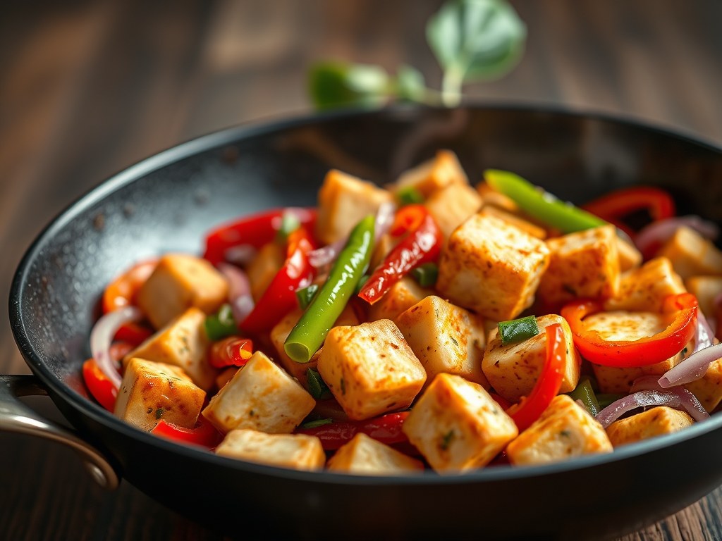 Tofu gebakken in Thaise roerbakmix, AI-gegenereerde illustratie