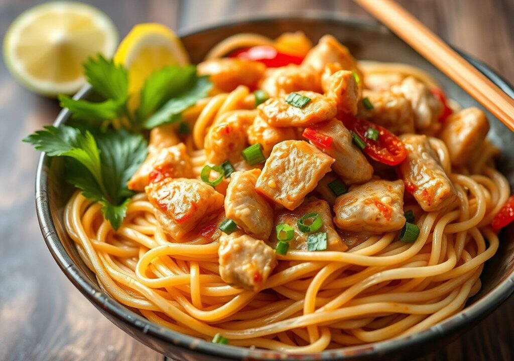 Tom Yam ei-noedels met kip in citroengras marinade, AI-gegenereerde illustratie