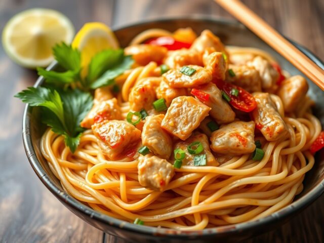Tom Yam ei-noedels met kip in citroengras marinade — AI-gegenereerde illustratie