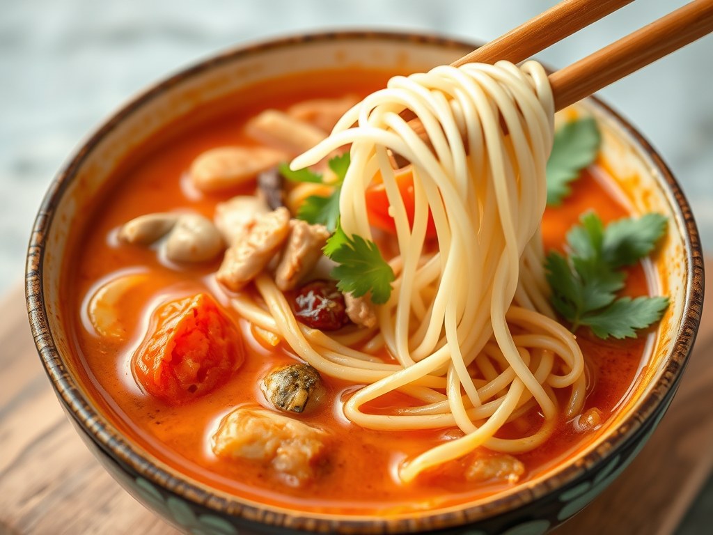 Tom Yam noedel soep, AI-gegenereerde illustratie