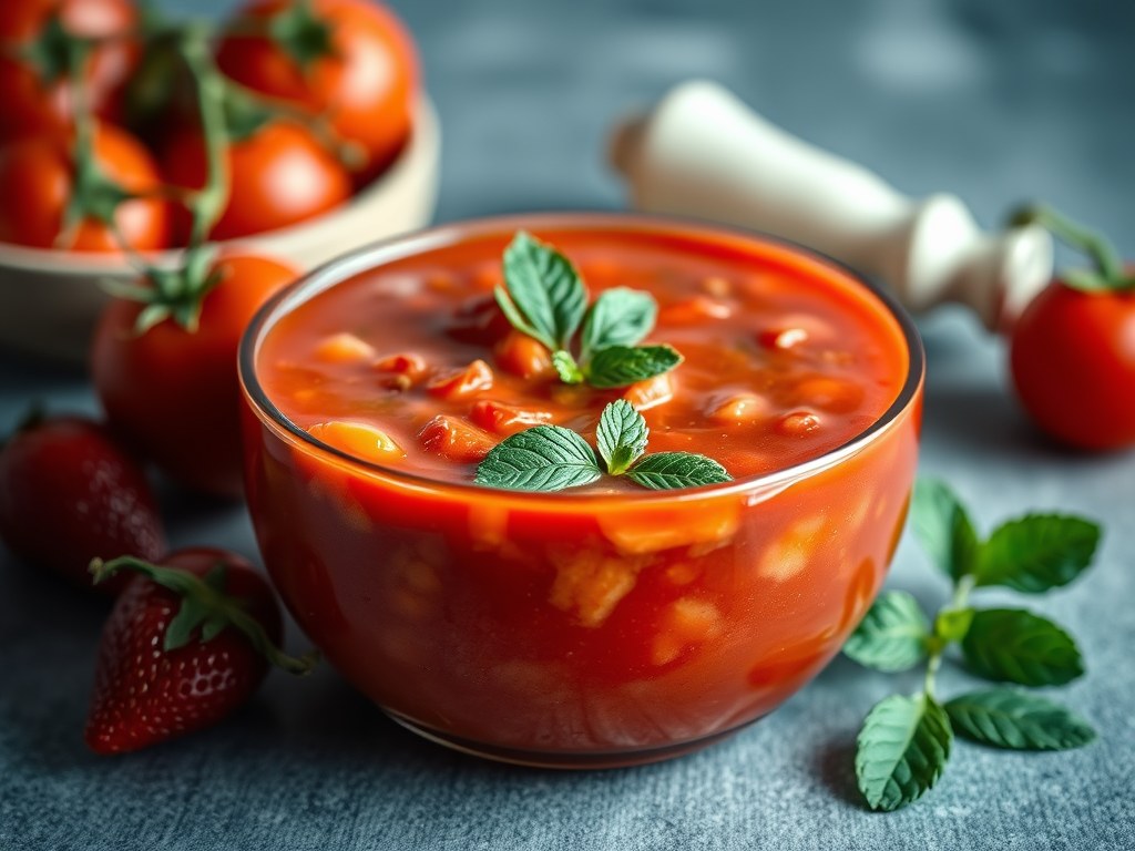 Tomaten – Aardbeien Soep, AI-gegenereerde illustratie