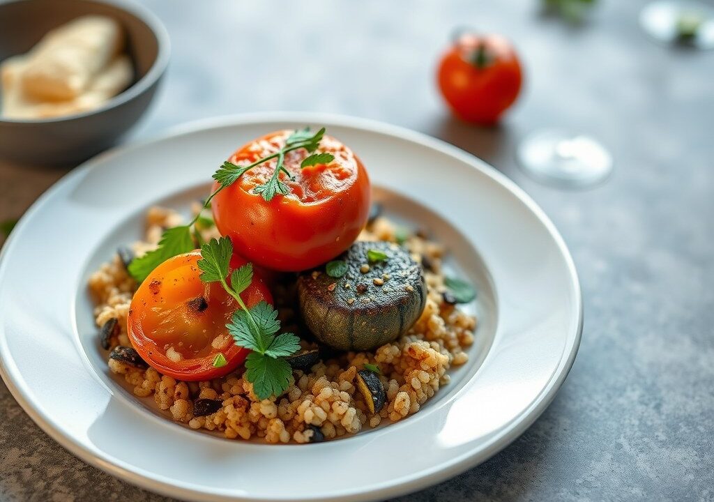 Tomaten gevuld met merguez, gebakken courgette en quinoa — AI-gegenereerde illustratie