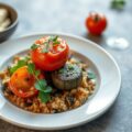 Tomaten gevuld met merguez, gebakken courgette en quinoa