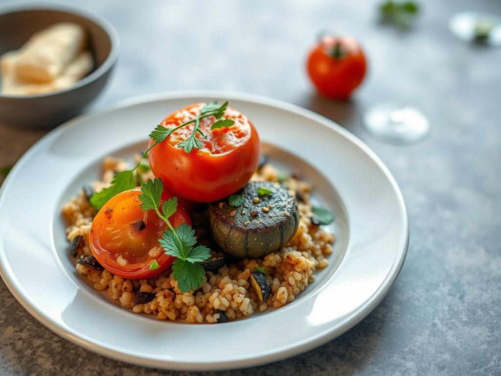 Tomaten gevuld met merguez, gebakken courgette en quinoa, AI-gegenereerde illustratie