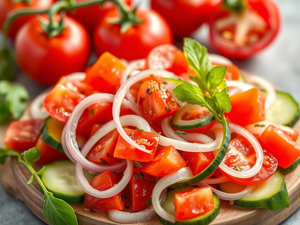 Tomaten- komkommer- uien salade, AI-gegenereerde illustratie