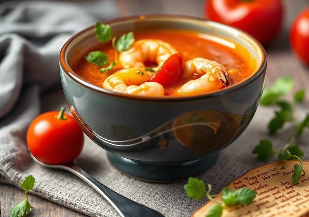 Tomaten-paprikasoep – Chavroux – garnalen — AI-gegenereerde illustratie