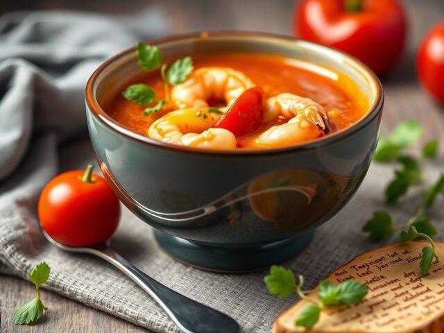 Tomaten-paprikasoep – Chavroux – garnalen — AI-gegenereerde illustratie