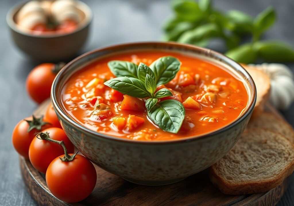 Tomaten- paprikasoep, AI-gegenereerde illustratie
