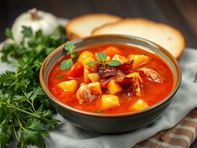 Tomaten Soep met Sinas en Bacon — AI-gegenereerde illustratie