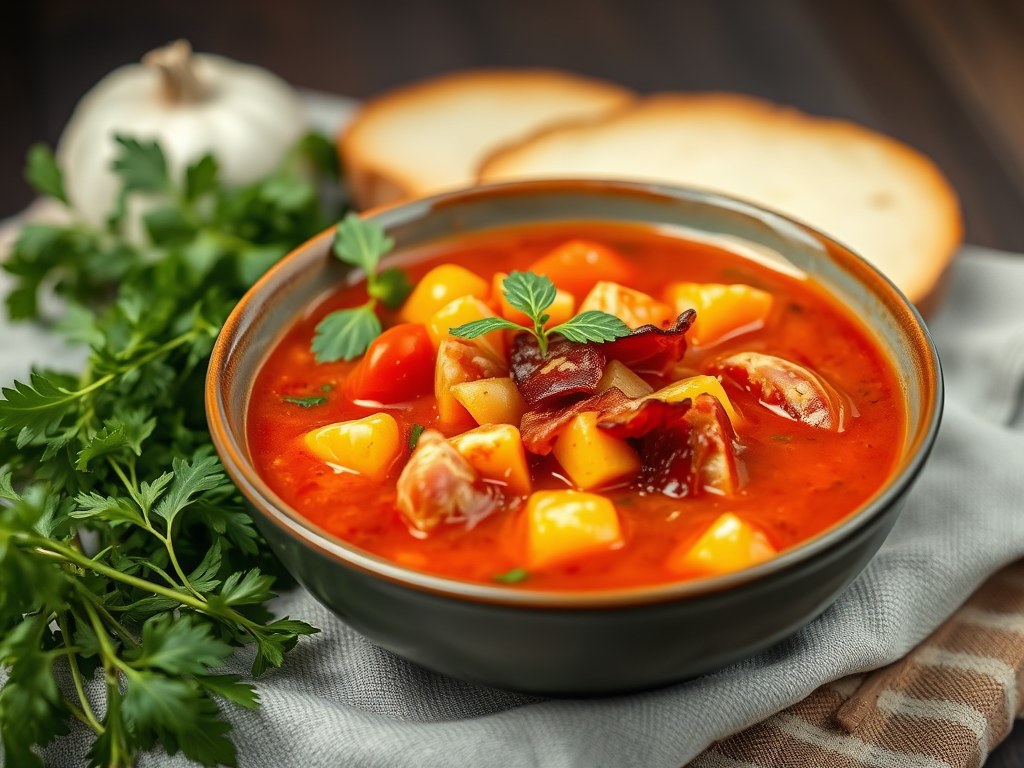Tomaten Soep met Sinas en Bacon, AI-gegenereerde illustratie