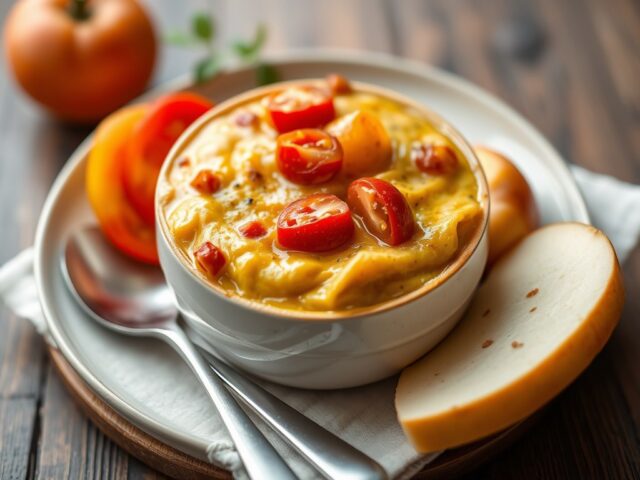 Tomatenappelsoep met kaas-eimengeling — AI-gegenereerde illustratie
