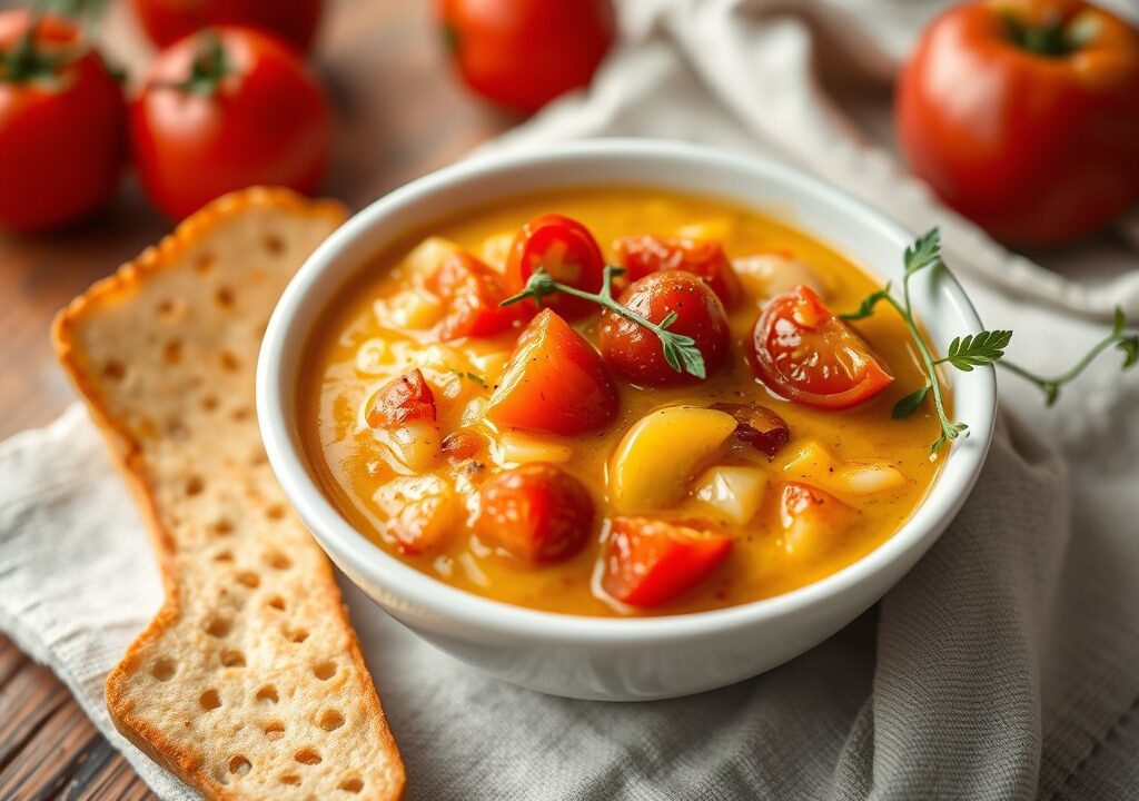 Tomatenappelsoep met kaas-eimengeling — AI-gegenereerde illustratie