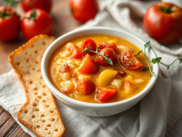 Tomatenappelsoep met kaas-eimengeling — AI-gegenereerde illustratie