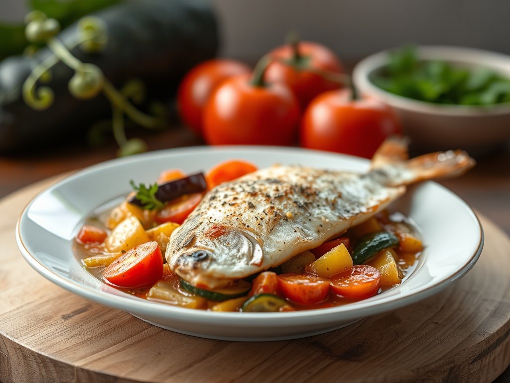 Tomatenbouillon met gebakken vis, AI-gegenereerde illustratie