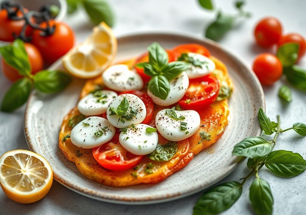 Tomatencarpaccio met basilicum, buffelmozzarella en citroen-pestodressing, AI-gegenereerde illustratie