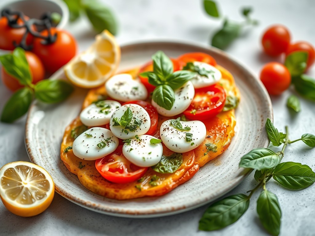Tomatencarpaccio met basilicum, buffelmozzarella en citroen-pestodressing, AI-gegenereerde illustratie
