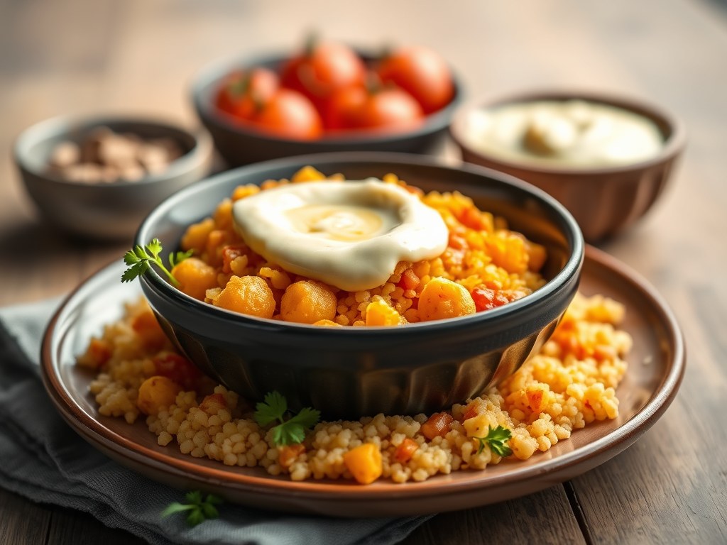 Tomatencouscous met poon en saffraan-aïoli, AI-gegenereerde illustratie