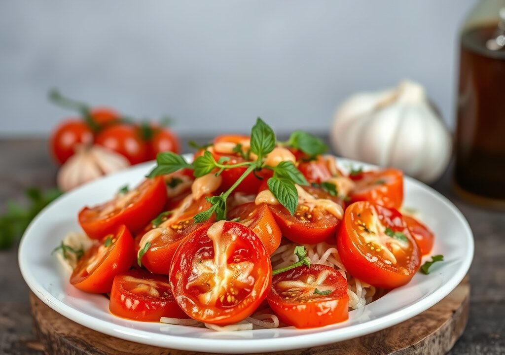 Tomatensalade + tomaat-knoflookdressing (ajotomate), AI-gegenereerde illustratie