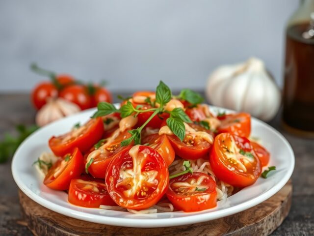 Tomatensalade + tomaat-knoflookdressing (ajotomate) — AI-gegenereerde illustratie