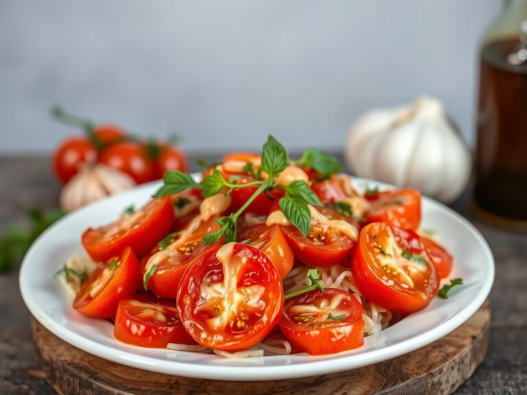 Tomatensalade + tomaat-knoflookdressing (ajotomate) — AI-gegenereerde illustratie