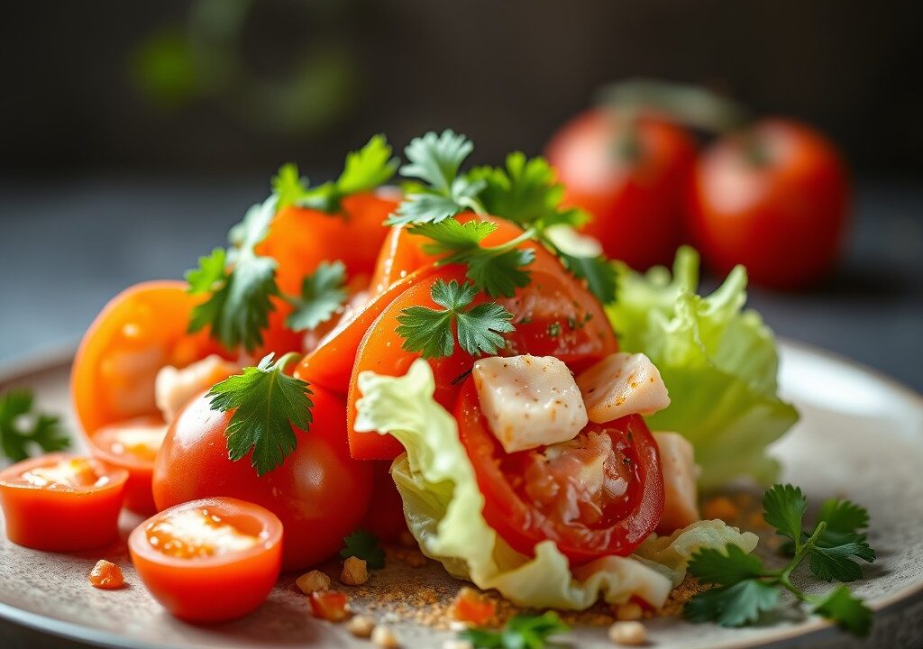 Tomatensla met koriander, krab en vinaigrette van rode paprika, AI-gegenereerde illustratie