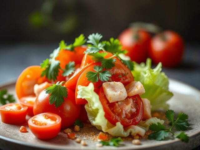 Tomatensla met koriander, krab en vinaigrette van rode paprika — AI-gegenereerde illustratie