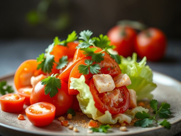 Tomatensla met koriander, krab en vinaigrette van rode paprika — AI-gegenereerde illustratie