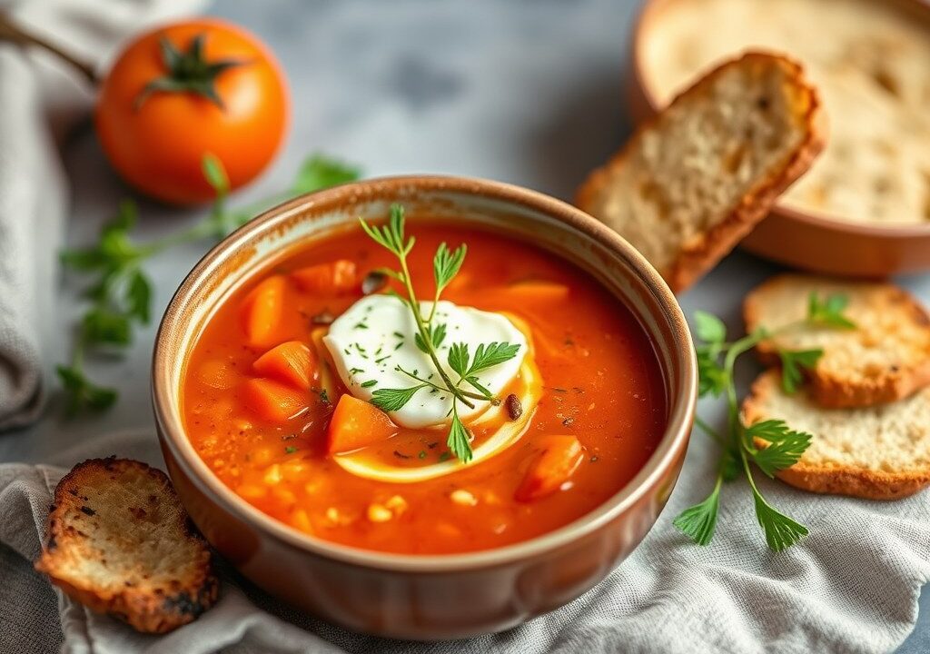 Tomatensoep met geitenkaascrostini — AI-gegenereerde illustratie