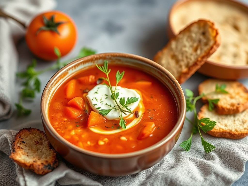 Tomatensoep met geitenkaascrostini, AI-gegenereerde illustratie