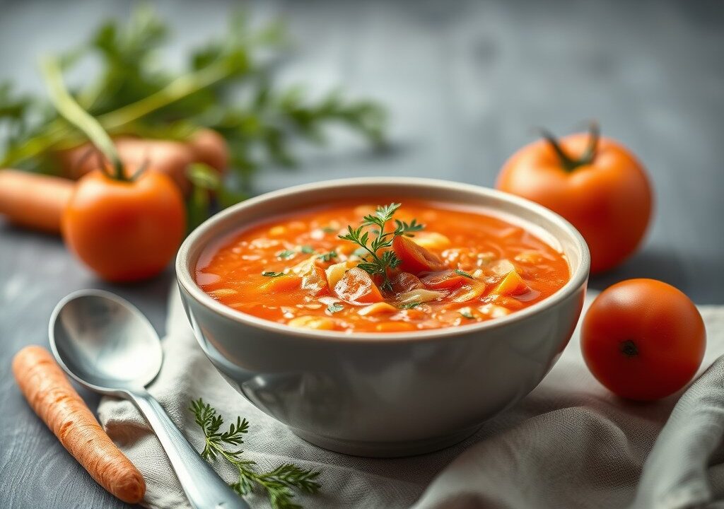 Tomatensoep met wortelen — AI-gegenereerde illustratie